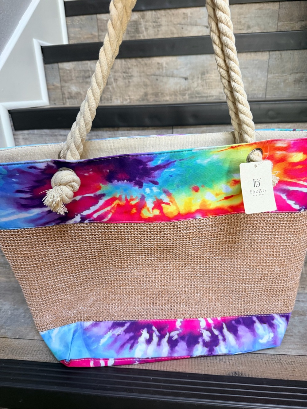NWT Fadavo Multicolor Tie-Dye Trim Woven Tote Bag